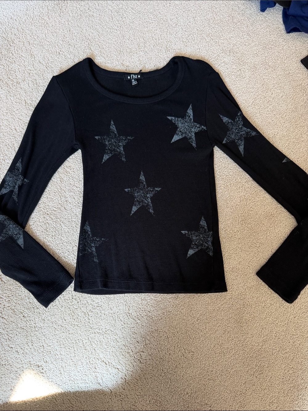 Flowers by Zoe Black Ribbed Star Print Long Sleeve Top - girls Medium NWOT